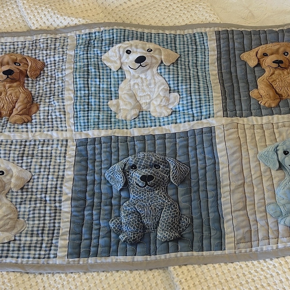 Patchwork Puppy Baby Quilt - Blue, Cream, Tan